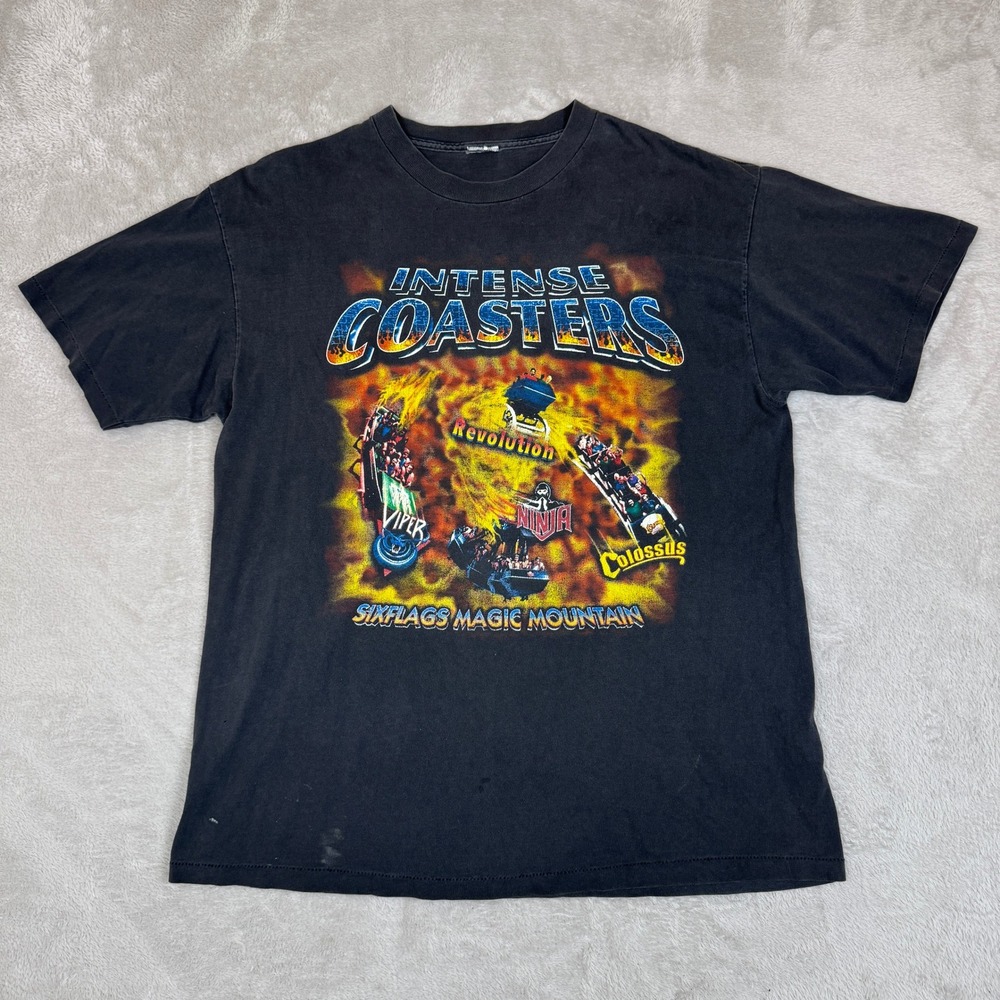 Vintage 90s Six Flags Magic Mountain Intense Coasters Shirt‎ Mens L Black Faded